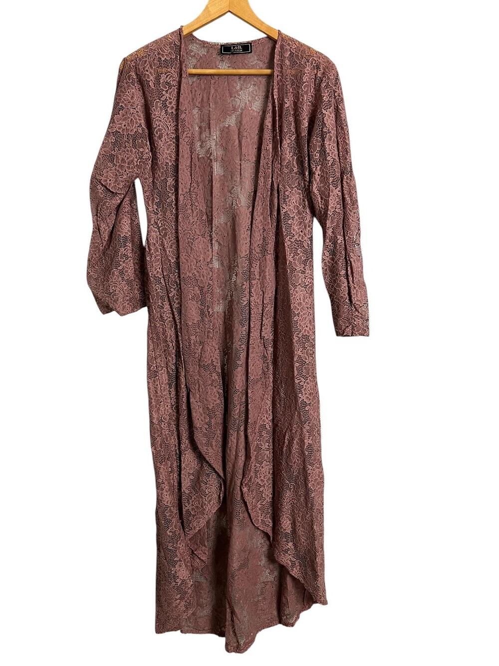 L&B Lucky & Blessed Lace Kimono Duster Jacket Womens Small Pink Sheer Boho